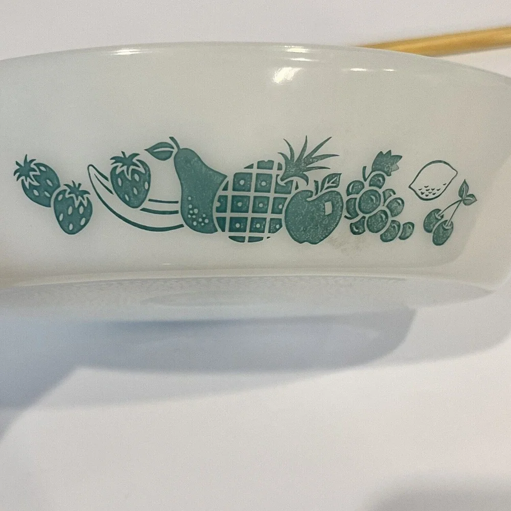VTG Glasbake Divided Casserole Baking Dish‎ J-2352 White w/ Aqua
